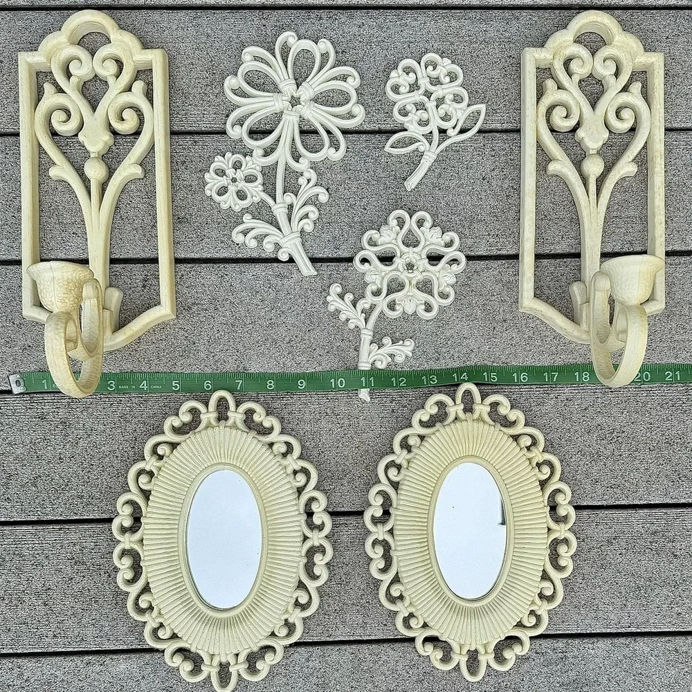 Cream Ornamental Wall Hook and Mirror Set - Decorative Floral Accents